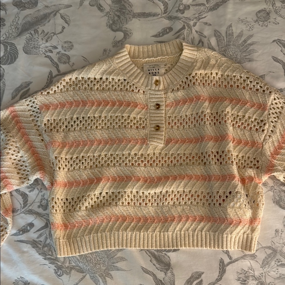 Billabong Cream and Pink Crew Neck Sweater with Retro Stripes